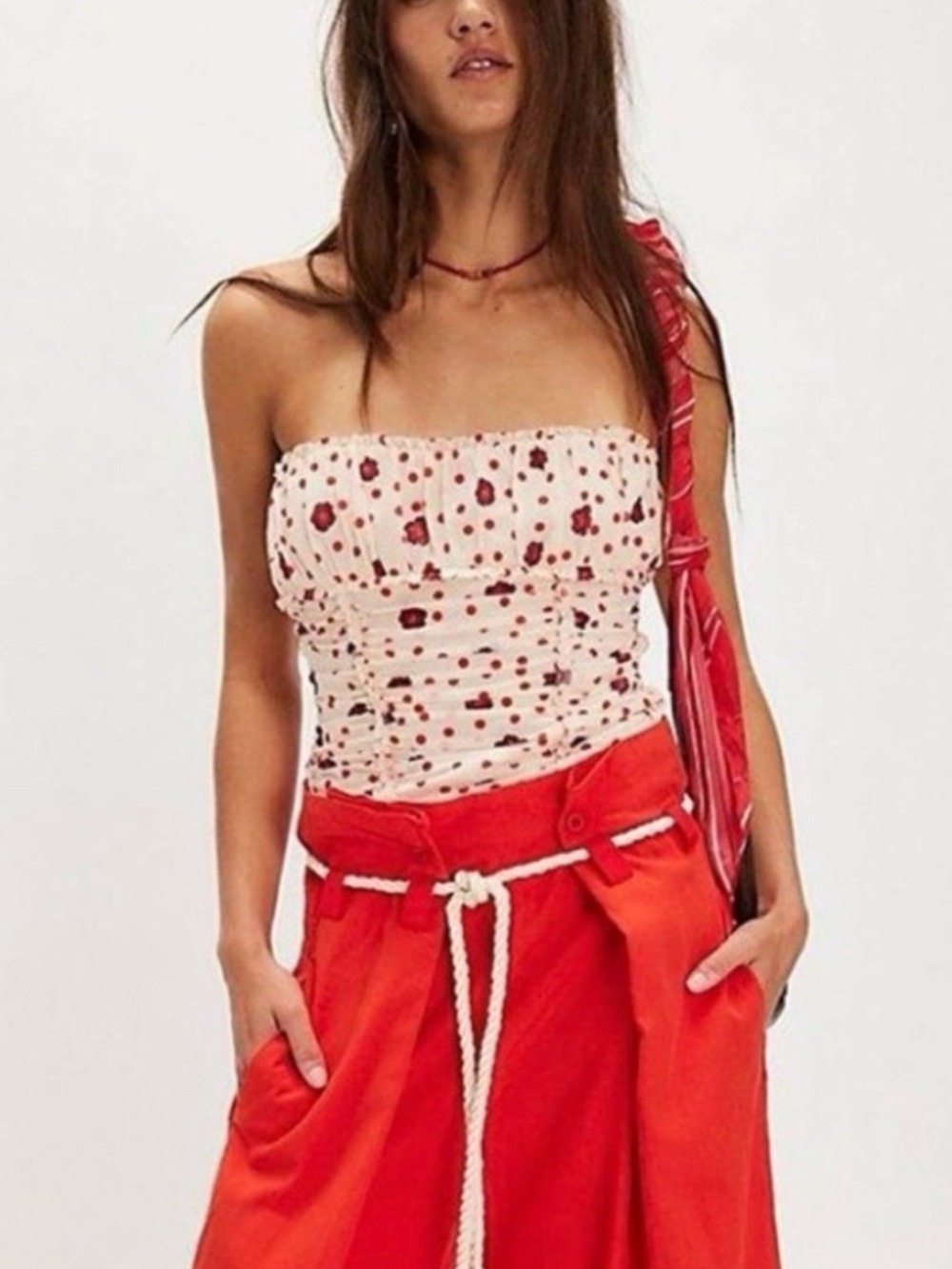 Free People Cream Scottie Printed Tube Sleeveless Top Stretchy Sz L BarbieCore